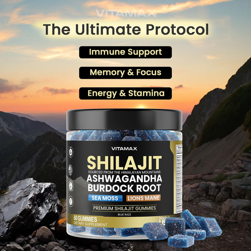 [Australia] - Organic Shilajit Gummies, Sea Moss, Ashwagandha, 105+ Trace Minerals ‚Äì Organic Burdock Root & Lions Mane Mushroom - Blue Razz ‚Äì Vegan & Non-GMO ‚Äì Made in USA ‚Äì 60ct 