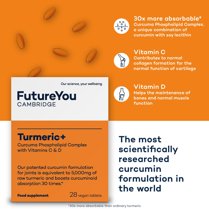 Turmeric+ Supplement – 28 Turmeric Tablets 30x More Absorbable – Curcumin Tablet Patented Meriva Formulation with Vitamins C – Turmeric Tablets for Bones, Joints & Muscles by FutureYou Cambridge 1 count (Pack of 28)