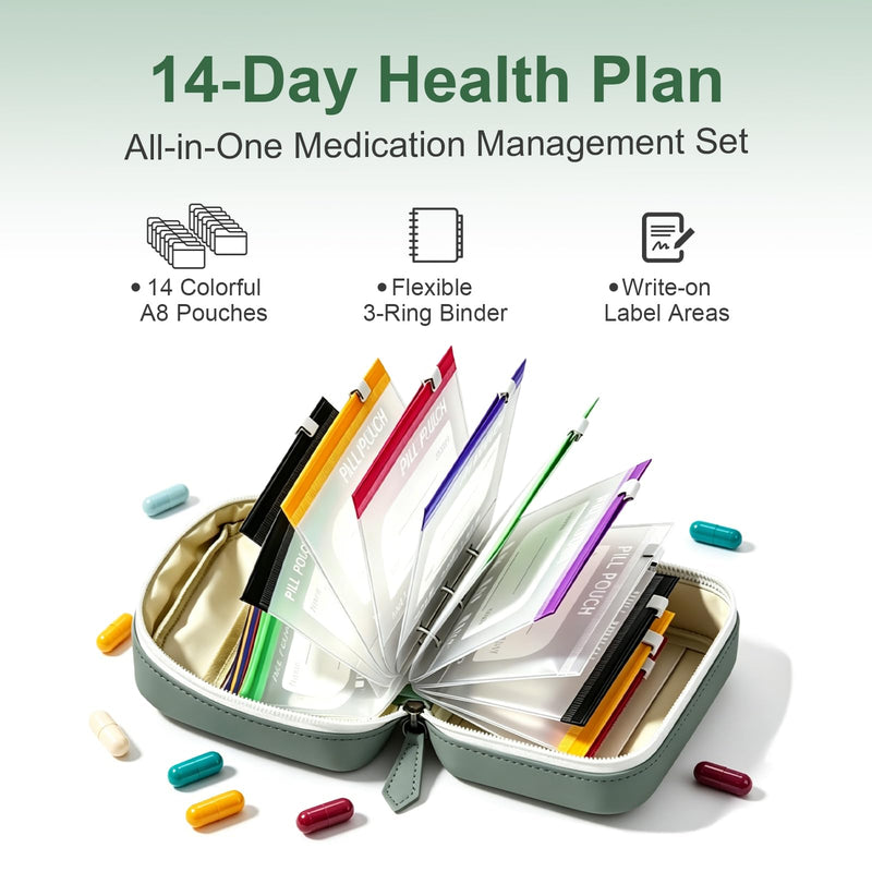 Waterproof Pill Pouch Set A8 Waterproof Pill Organizer Binder Set with 14 PCS Color Zippered Pill Pouches BPA-Free Air Tight Travel Medicine Storage Bag for Vitamins(Green) Green