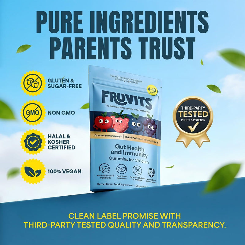Kids Prebiotic Gummies – 1-a-Day, Sugar-Free – Gut Health & Immune Support with Inulin, Vitamin D3 & Immunoberry™ – Vegan, Allergen-Free – Blueberry Flavour – 30-Day Supply, Ages 4-13