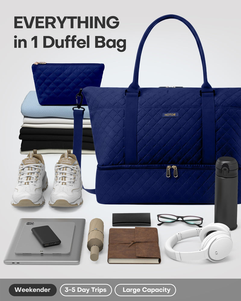 HOTOR Travel Duffel Bag - Weekender Bags for Women, Carry On Gym Tote Bags | with Toiletry Bag & Shoe Compartment, Overnight Bag for Travel Essentials, Travel Accessories, Dark Blue, 15.8"×18.1"×8.7" 15.8"×18.1"×8.7"