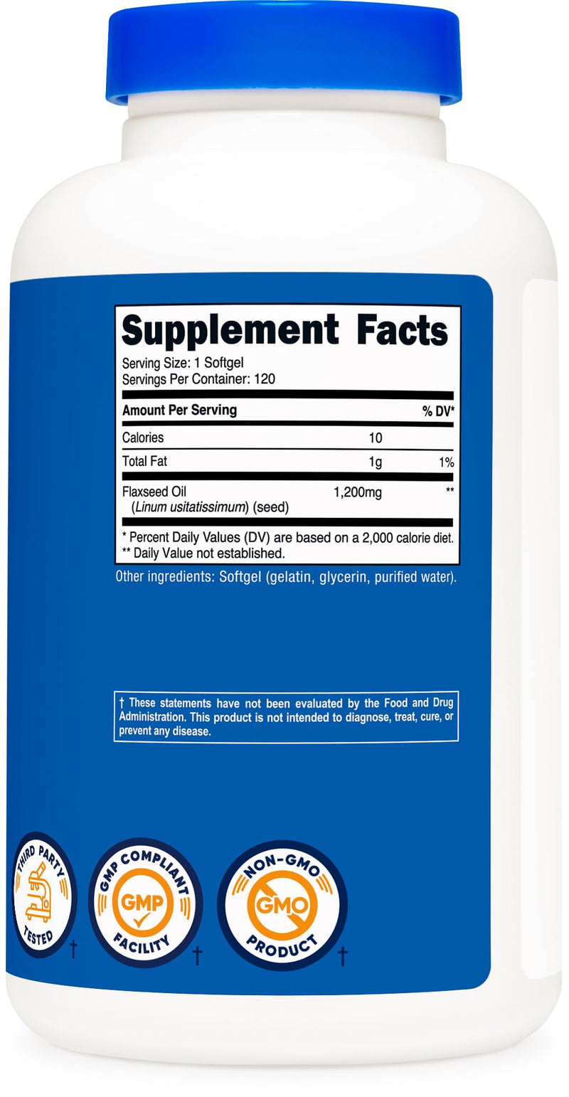 [Australia] - Nutricost Flaxseed Oil 1200mg, 120 softgels - GMO-Free, Gluten-Free 