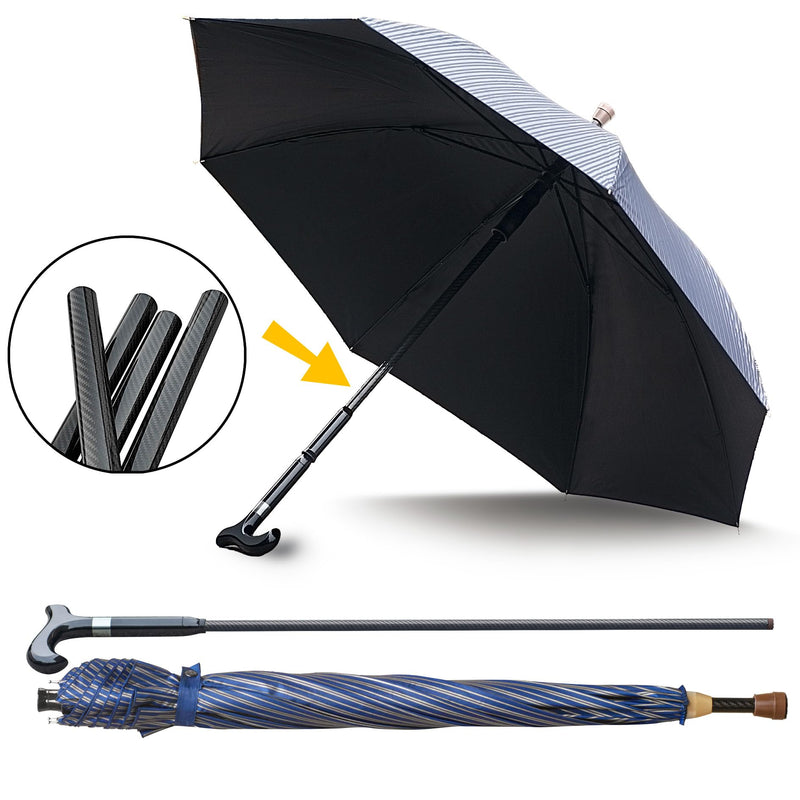 Walking Cane Umbrella For Taller, Heavy Duty Stick Umbrella With Longer Carbon Fiber Cane, Large Walking Stick Umbrella Crutch Umbrella - Ideal Gift For Night Hiking Rainy (Blue Stripe Extra Long)
