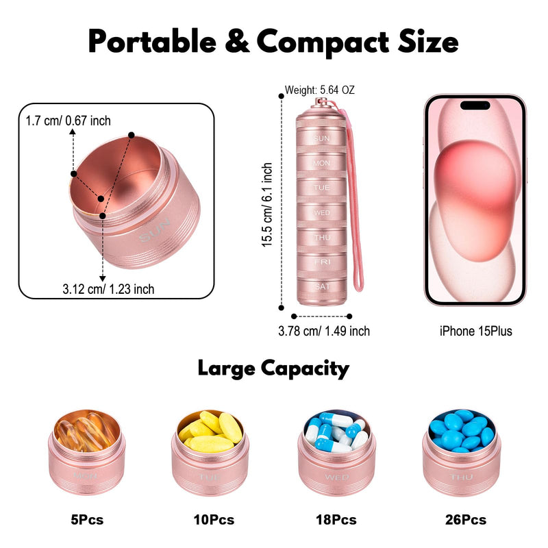 7 Day Metal Travel Pill Organizer - Waterproof Vitamin Case Pill Box | Daily Pill Container 7 Compartments, Weekly Pill Containers for Medicine Supplements Fish Oil M