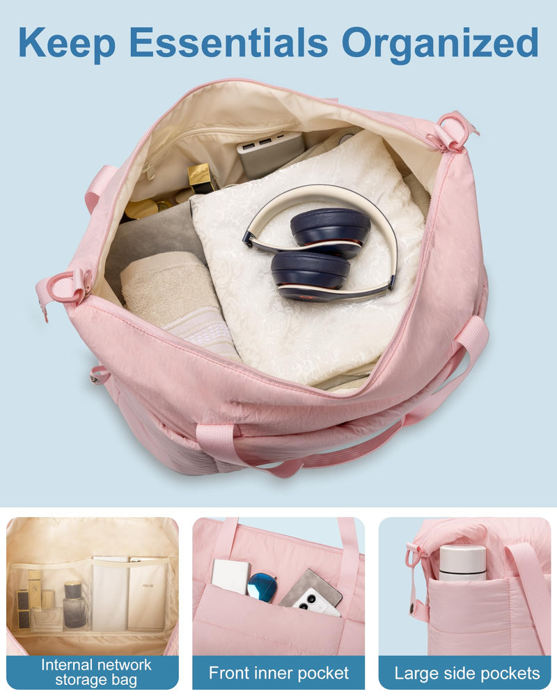 JUNGYOON Gym Bag for Women – Lightweight Weekender Overnight Bags with Toiletry Pouch, Quilted Travel Duffle Carry On Bag Pink