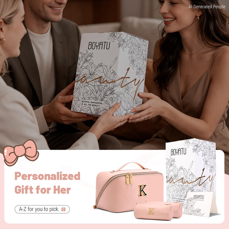 BOYATU Personalized Travel Makeup Bag: 3-in-1 Cosmetic Bag Gift for Women | Initial Make up Bag Organizer - Custom Letters A-Z - Flat Open Portable Toiletry Bag for Birthday Graduation Anniversary Pink K
