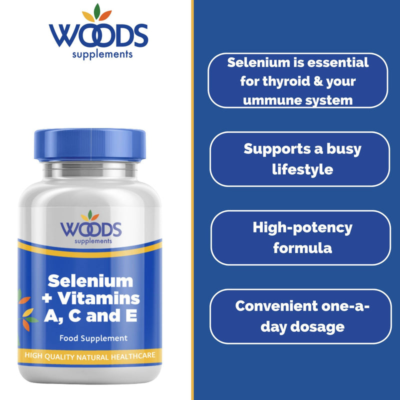 Woods Supplements - 10,000mg High Strength Selenium + Vitamins 180x Vegan Tablets. Antioxidant Supplement with Vitamin A, C and E for Immune System, Thyroid Support and Healthy Hair and Nails 180