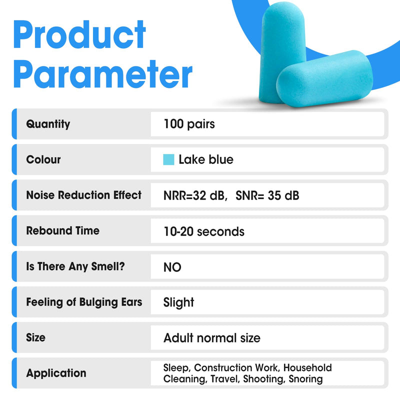 [Australia] - AZEN 100 Pairs Ear Plugs Bulk, NRR 32dB Soft Foam Ear Plugs for Sleeping Noise Cancelling, Earplugs for Concerts Shooting Swimming Noise Reduction (Lake Blue) B-100p 