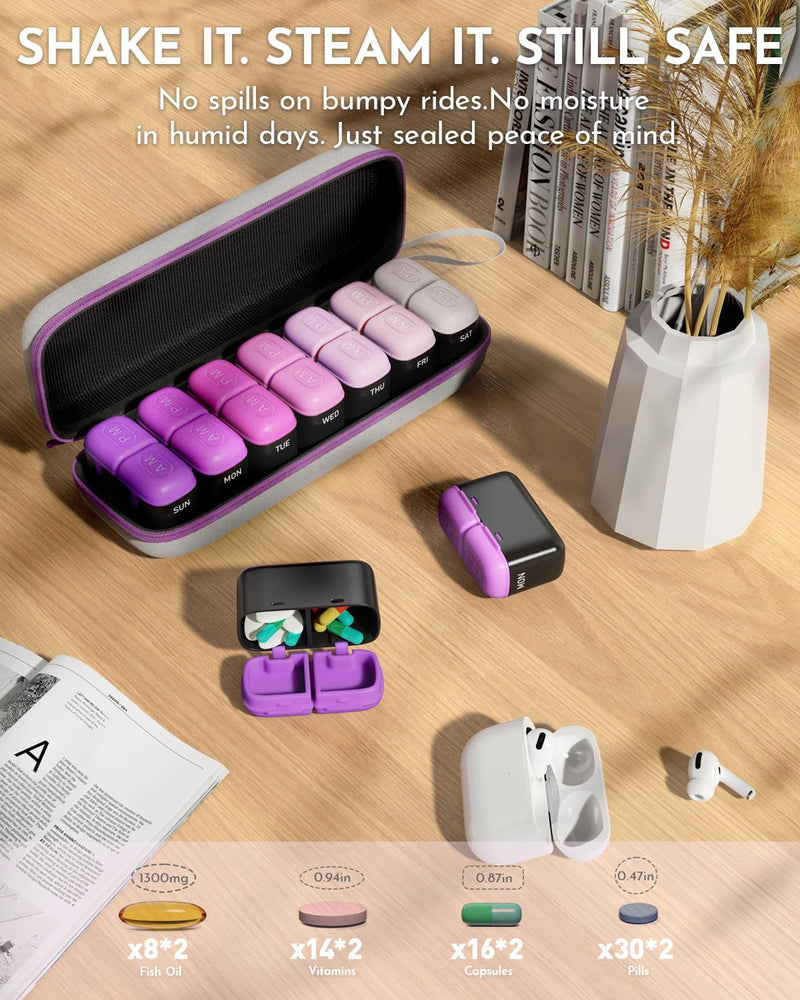 Weekly Pill Organizer 2 Times a Day, 7 Day Travel Medicine Pill Organizer with Moisture-Proof Silicone Lid, AM PM Daily Pill Box for Vitamins & Supplements, Aesthetics Pill Case(Purple) Purple
