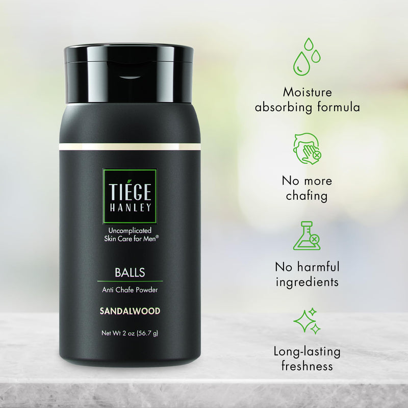 Tiege Hanley Anti-Chafe Powder for Men, Sandalwood Scent, Cooling, 2 Oz | Men's Skin Care, Body Powder Deodorant for Foot, Thigh & Groin, Fresh Moisture Control, Earthy & Woody Tones