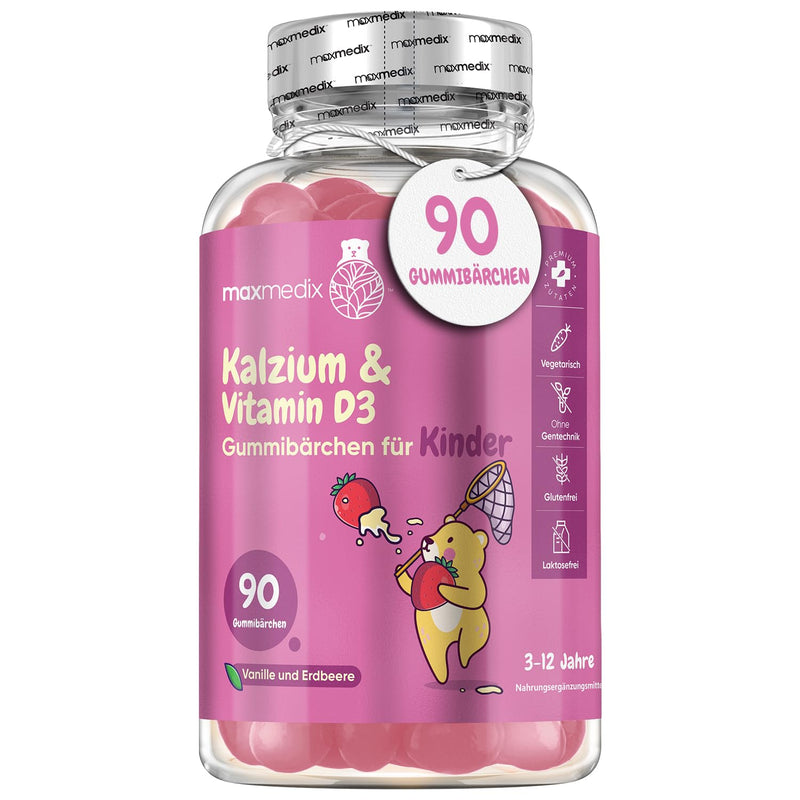 [Australia] - Calcium & Vitamin D3 Gummy Bears for Children - 90 Vegetarian Gummies - 320 mg Calcium & 800 IU Vitamin D3 - For Immune System, Metabolism & Bones (EFSA) - Strawberry & Vanilla Flavor - maxmedix 