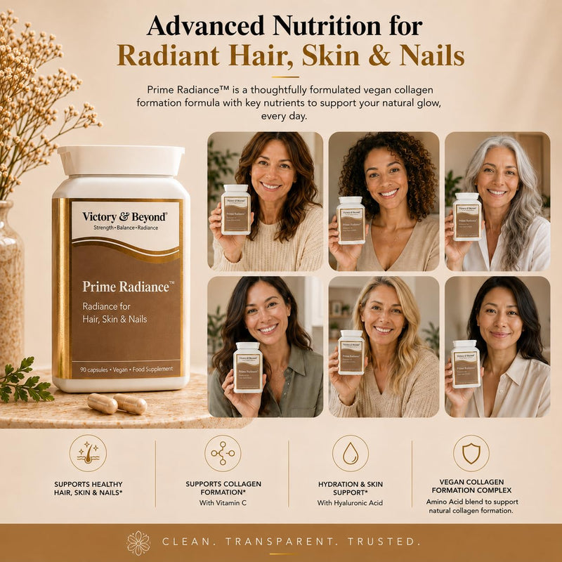 Victory & Beyond Prime Radiance – Hair Skin & Nails Supplement for Women – Vegan Collagen Formation Complex with Biotin, Hyaluronic Acid, Zinc & Vitamin C – 90 Capsules Made in the UK
