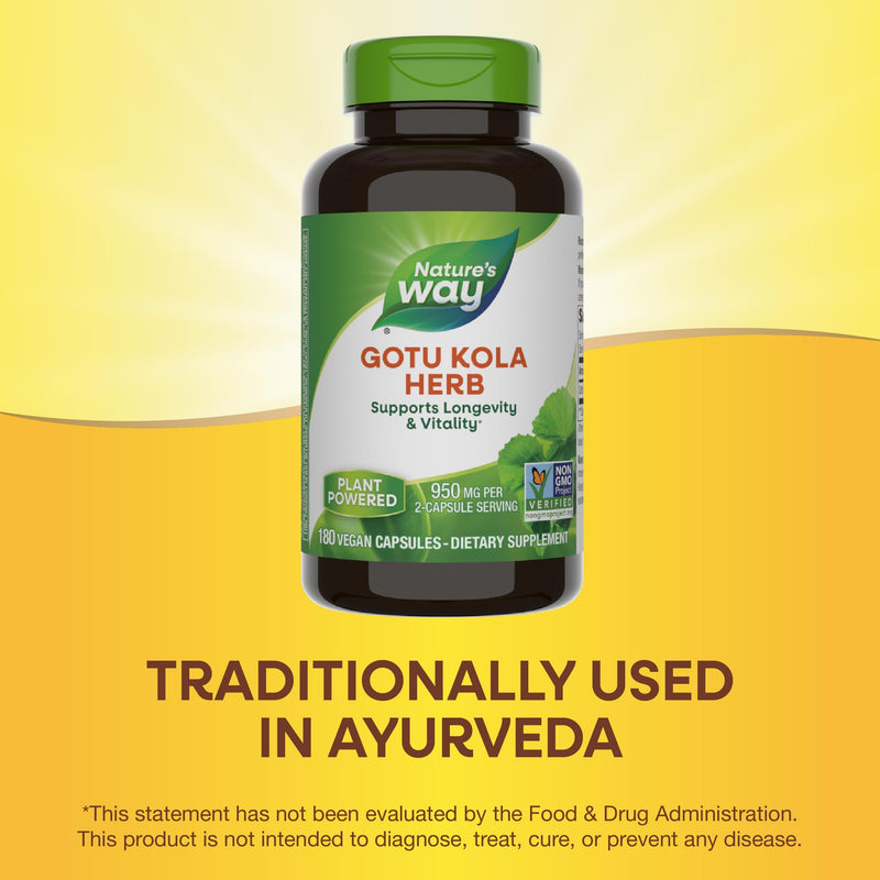 [Australia] - Nature's Way Gotu Kola Herb, Supports Longevity and Vitality*, 950 mg per 2-Capsule Serving, Non-GMO Project Verified, 180 Capsules (Packaging May Vary) 