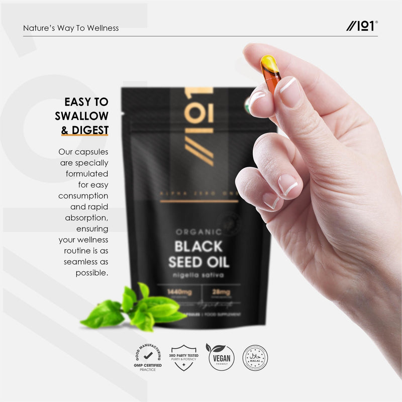 Organic Black Seed Oil Capsules 1440mg - 120 Vegan Softgels - High Strength 3X% Thymoquenine - Ethiopian Nigella Sativa - 2 Months Supply - Cold Pressed Virgin Oil - by Alpha01 1 count (Pack of 120)