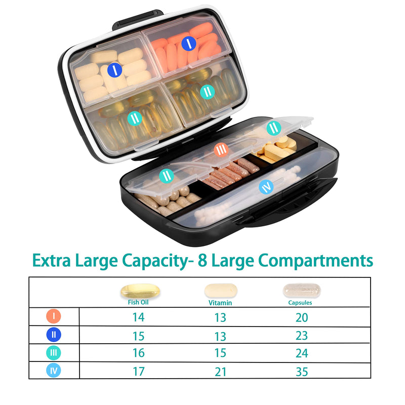Fullicon Moisture Proof Travel Pill Organizer, 8 Compartments, Grey | Moisture Proof, Travel, Easy Open, Holds 14-17 Fish Oils, 20-35 Capsules or 13-21 Vitamins, Customized Labels, BPA-Free
