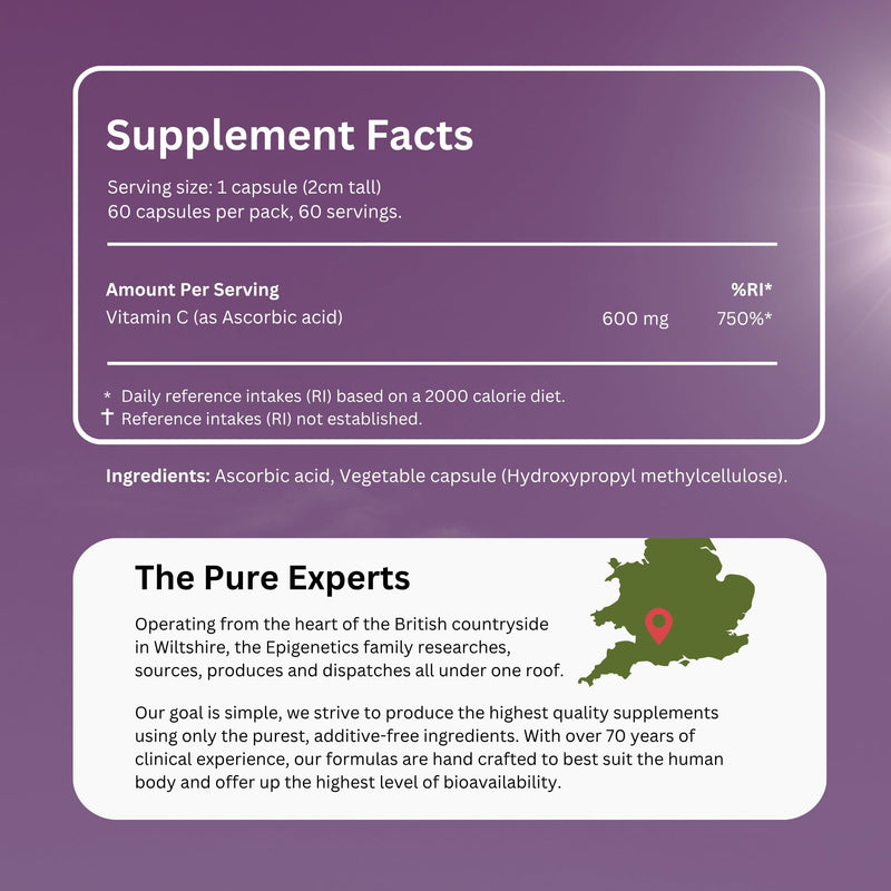 Vitamin C 600mg | Pure Ascorbic Acid for Immune System Support | 60 Vegan Friendly Capsules UK Made | 2 Month Supply | 1 Capsule Daily (High Strength)