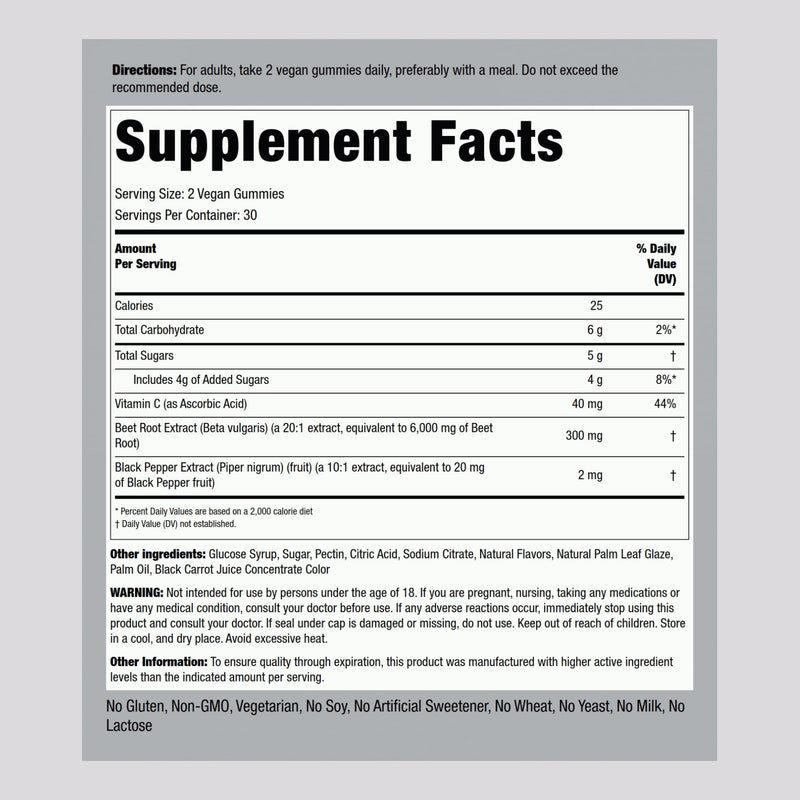 Piping Rock Beet Root Gummies | 60 Count | for Men and Women | Nitric Oxide Supplement | with Vitamin C and Black Pepper | Strawberry Flavor | Vegan, Non-GMO, Gluten Free