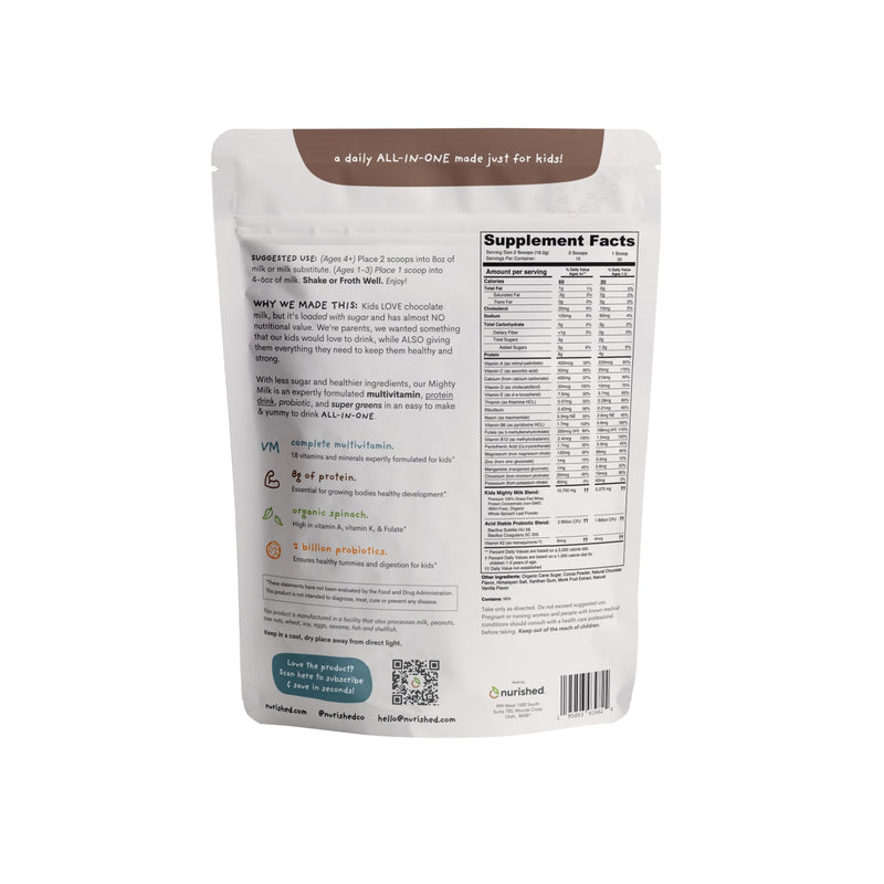 Mighty Chocolate Milk - Kids Daily Protein Powder Boosted with 2 Billion Probiotics and Organic Spinach Leaves - Natural Flavors Colors and Sweeteners - 15-30 Servings