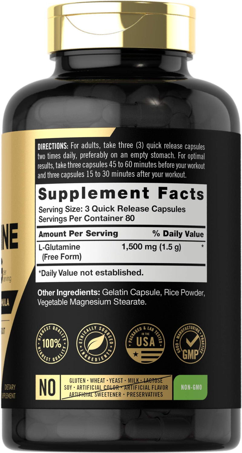 Carlyle L Glutamine Capsules | 1500mg | 240 Count | Advanced Athlete Formula | Pre and Post Workout | Non-GMO, Gluten Free Supplement