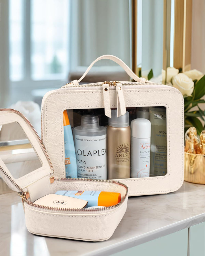 2 Pack Clear Travel Toiletry Bag for Women, Large & Mini Waterproof PU TSA Approved Cosmetic Pouches,Portable Beach Vacation Makeup Organizer Set,See Through Skincare Sunscreen Bags for Women 0-Large+Mini-Beige