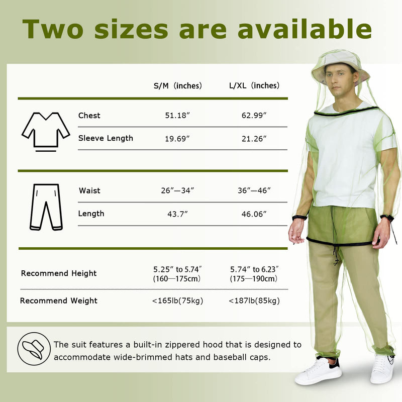 HENNCHEE Mosquito Suits for Adults, Mesh Net Bug Jacket Pant Suit, Outdoor Full Body Protection Mosquito Proof Clothing Jacket + Pants Set Small/Meduim