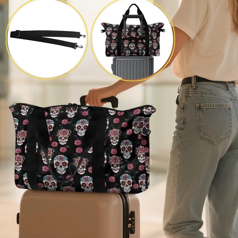 Floral Skull Carry on Tote Bags for Women Men Travel Duffle Bag for Yoga Gym Weekender Bags with Large Capacity Floral Skull