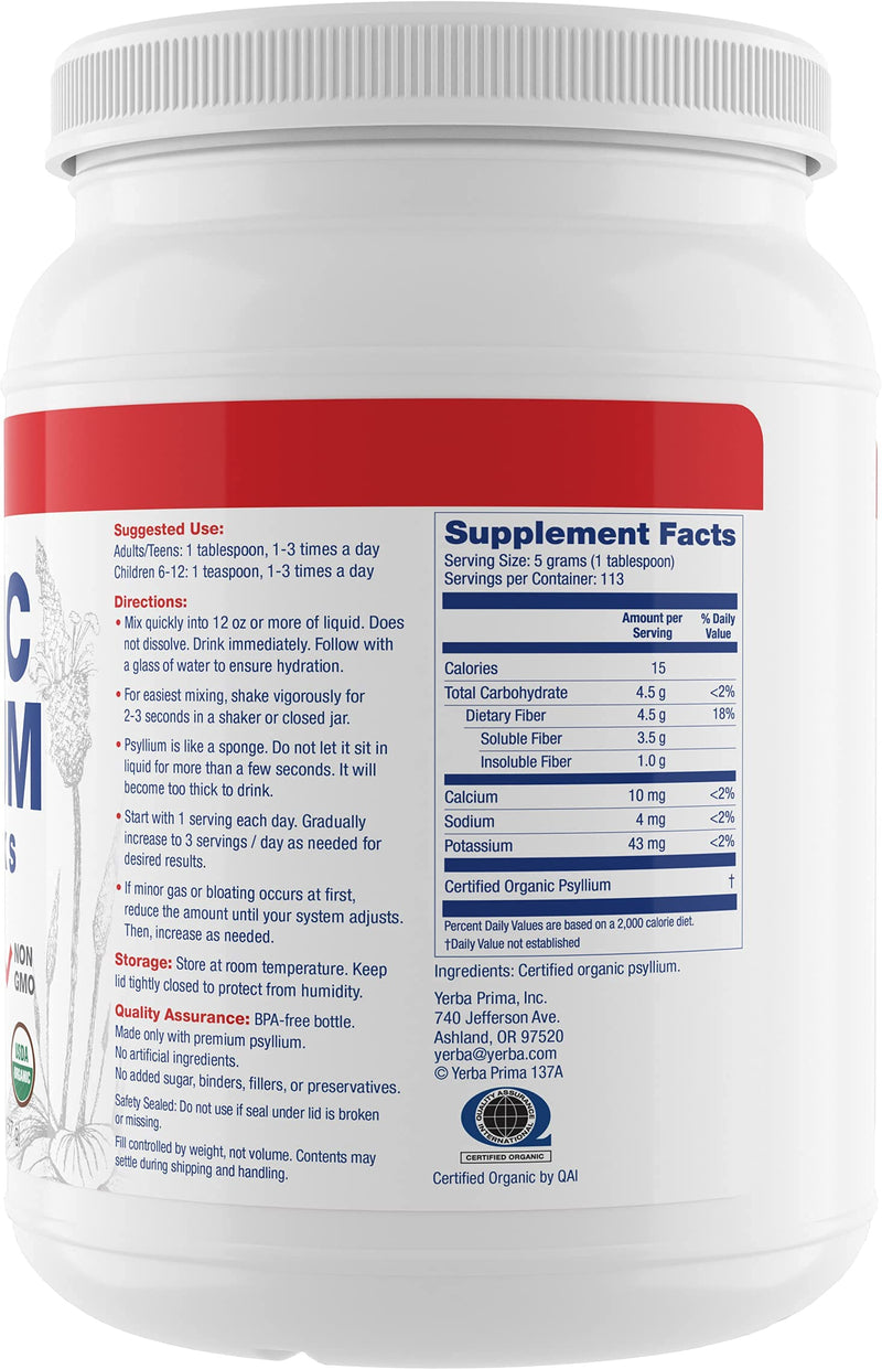 [Australia] - Yerba Prima Organic Psyllium Whole Husks Colon Cleanser - 20 oz - Natural Daily Dietary Fiber Supplement 20oz, Colon Cleanser, Regularity & Detox Cleansing Support, Gluten Free, Non GMO, Vegan 