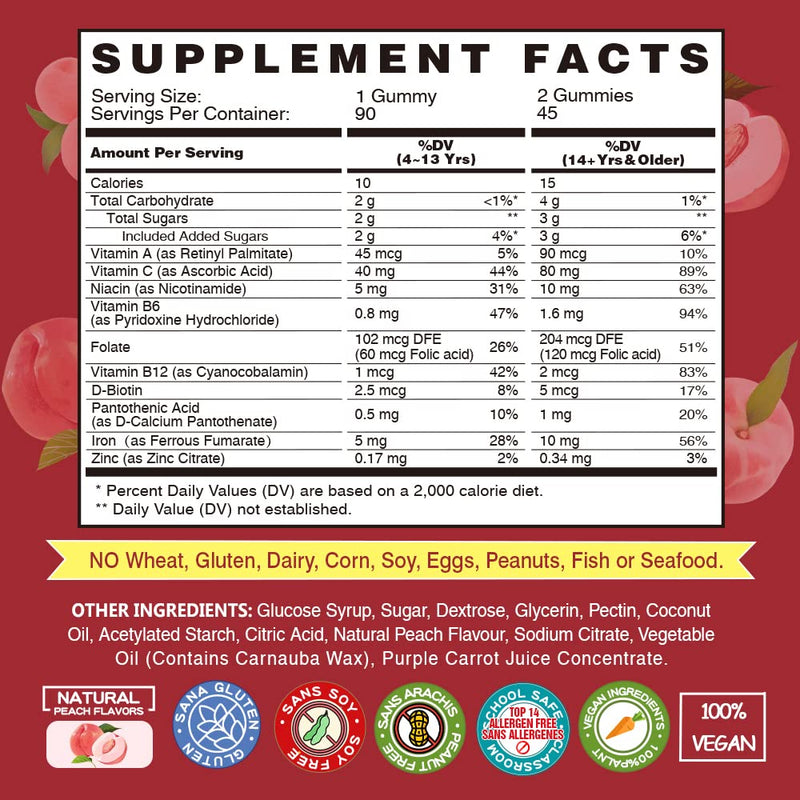 Vegan Iron Gummies Supplement for Adults & Kids, Peach, 90 Ct | with Vitamin C, A, B-Complex, Folate, Zinc - Healthy Blood & Energy Support for Iron Deficiency, Anemia, No Gelatin, Non-GMO 90 Count (Pack of 1)