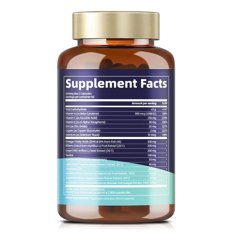 [Australia] - Eye Vitamins Lutein and Zeaxanthin for Adults, AREDS 2 Eye Vitamin and Mineral, Omega-3, Bilberry Extract - Carotenoid Blend, Support Eye Health, Strain, Comfort & Hydration (120 Capsules) 