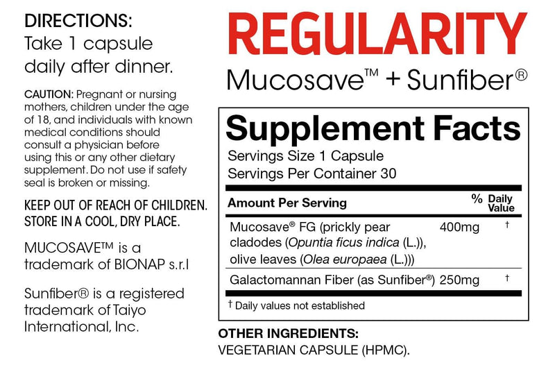 [Australia] - Silver Fern Regularity Digestive Supplement Capsules Brand - 1 Bottle = 30 Capsules = 30 Day Supply - Mucosave FG (Prickly Pear Polysaccharides & Olive Leaf Polyphenols) & SunFiber 1 Count (Pack of 1) 