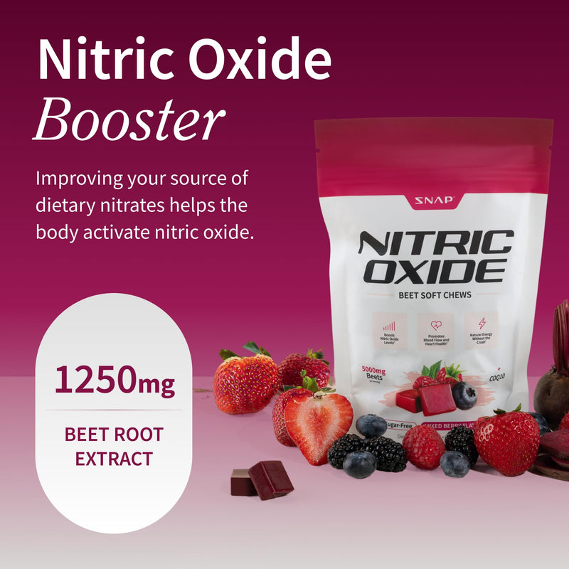 Snap Supplements Beet Root Natural Nitric Oxide Supplements for Men & Women, with Beet Root Extract for Energy, Heart Health & Circulation Support, 60 Soft Chews (1 Month Supply), Mixed Berry