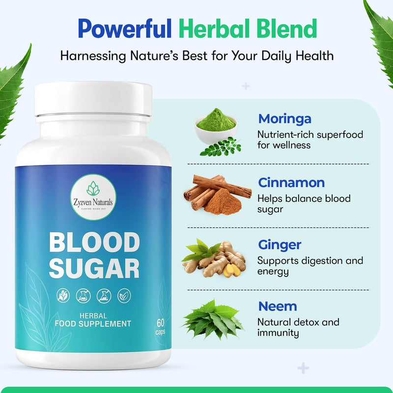 Zyzven Naturals Blood Sugar Support, 60 Vegan Capsules, Herbal Food Supplement with Organic Ingredients, Made in UK