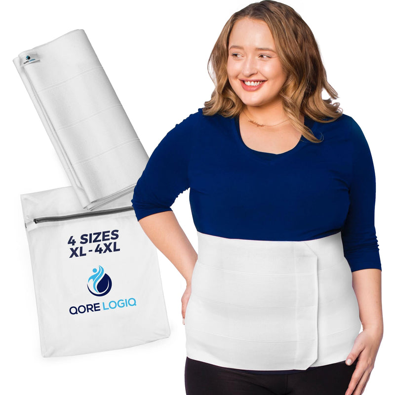 QORE LOGIQ Plus Size Abdominal Binder Post Surgery - C Section Belly Binder, Postpartum Belly Band, Adjustable 12" Compression Wrap for Stomach & Hernia Belt, White XXL XX-Large