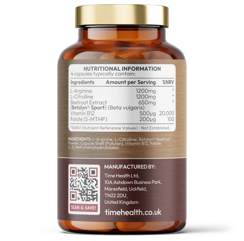 3050mg Nitric Oxide Booster - 120 Capsules - L-Citrulline, L-Arginine, Beetroot, B12 & Folate - Premium Nitrate-Rich Betalyn® Sport - 8% Nitrates - Performance & Recovery - Vegan - Pullulan - GMP