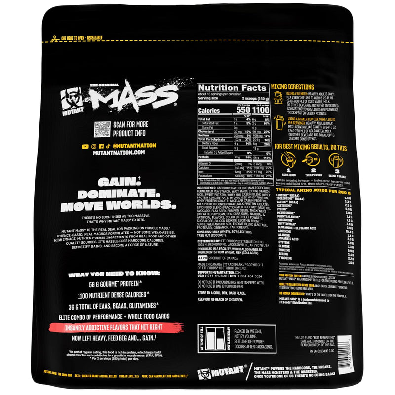 MUTANT Mass | Muscle Mass Gainer | 1100 Calories, 56g Protein, Whole Food Carbs, BCAAs, and Glutamine | Ultimate Hardcore Weight Gainer Shake | (2270g) | (Strawberry Banana)