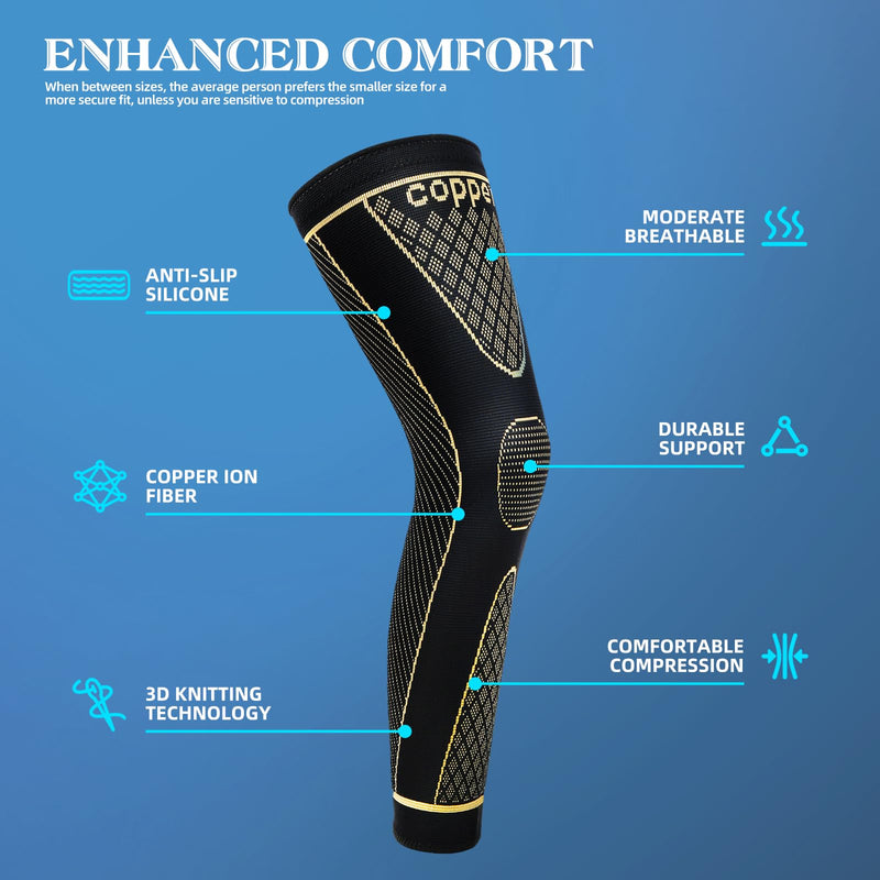 SKDK Copper Full Leg Sleeves Long Compression Leg Sleeve Knee Sleeves Protect Leg for Man Women Basketball, Arthritis Cycling Sport Football, Reduce Varicose Veins and Swelling of Legs XXX-Large（1 Pair）