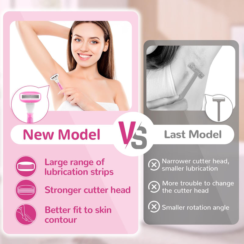 [Australia] - Razors for Women Include 2 Non-Slip Handles and 14 Blade Refills with a Shower Holder, 5 Premium Blades Women's Razors for Shaving with 360° Lubrication Reduces Irritation, Pink 
