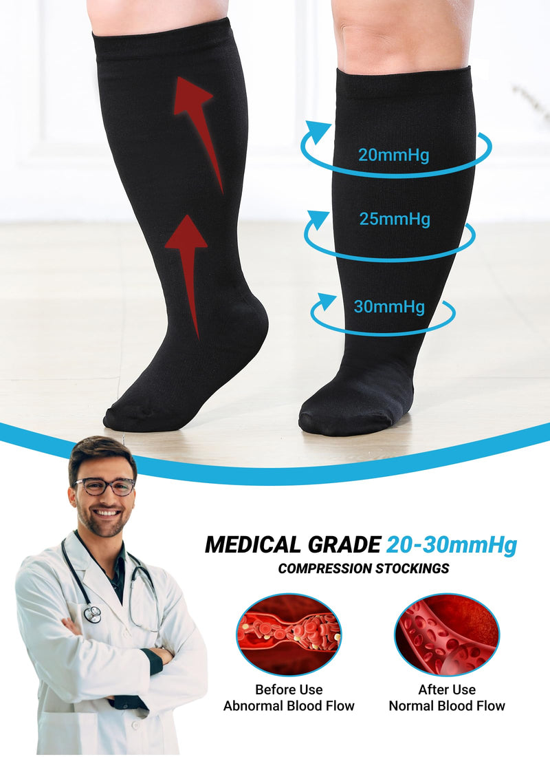 [Australia] - Plus Size Compression Socks: Wide Calf Compression Stockings for Men Women - Extra Large 20-30 mmHg Compression Hose Support for Running Travel Nurses Pregnancy 3 Pairs 3X-Large Black-3 Pairs 