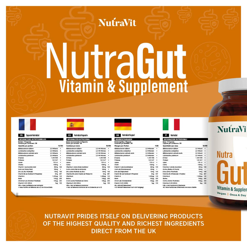 NutraGut - Digestive and Gut Support - with 10 Billion Probiotic Cultures, 3 Digestive Enzymes: Amylase, Protease & Lipase - with Vitamins & Minerals - NutraVit, 30 Capsules