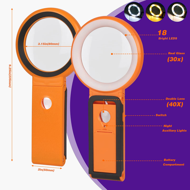 [Australia] - 30X 40X Magnifying Glass with Light and Stand, Foldable Handheld Magnifying Glass 18 LED Illuminated Lighted Magnifier for Macular Degeneration, Seniors Reading, Close Work, Coins, Jewelry (Orange) Orange 