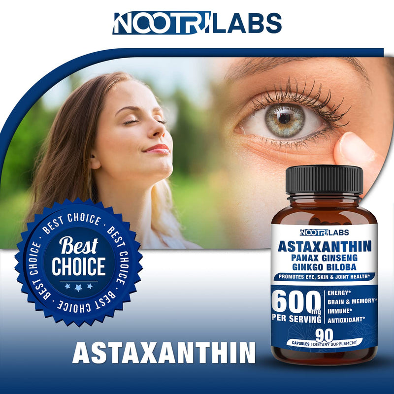[Australia] - Astaxanthin 15mg + Panax Ginseng, Ginkgo Biloba Supplements, 90 Vegan Capsules, Promotes Eye, Skin, Joint Health Energy, Cardiovascular Support + Immune Defense and Focus 