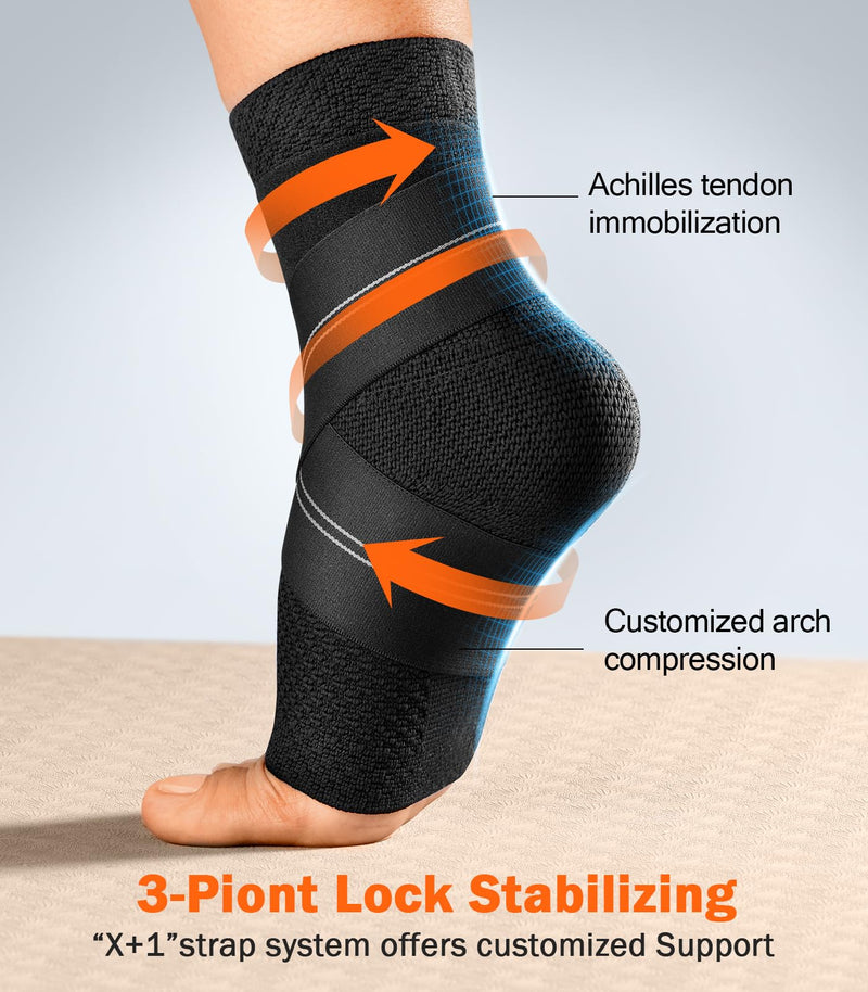 Flat Knitting Ankle Brace For Women&Men, 7-Zone Dynamic Compression Sleeve w/Flex Strap,Foot Support For Sports, Sprained Ankle, Achilles Tendonitis, Plantar Fasciitis Relief(Pack of1)L, Black Large