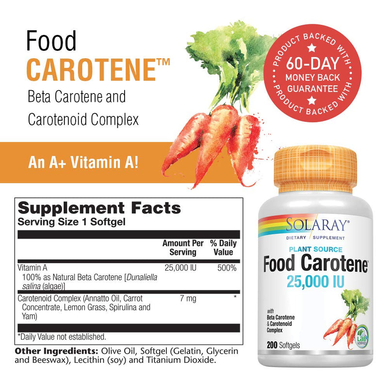[Australia] - SOLARAY Food Carotene, Vitamin A as Beta Carotene 25000IU Carotenoids for Healthy Skin & Eyes, Antioxidant Activity & Immune System Support (076280041217) (200 CT) 200 Count (Pack of 1) 