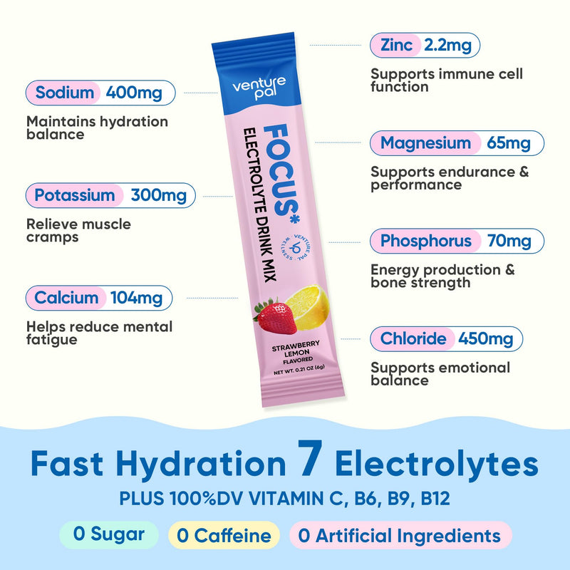 Venture Pal 2-in-1 Hydration Electrolytes Bundle – Focus & Immune Support Powder Packets, 7 Electrolytes, Vitamins, Magnesium, Lion’s Mane, L-Theanine, Elderberry, Sugar Free Drink Mix, 32 Sticks
