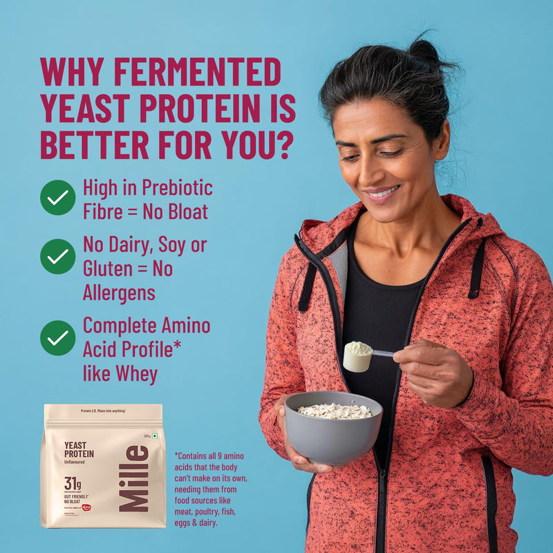 Mille Vegan Protein Powder | 31g Protein | Unflavoured | Made with Fermented Yeast Powder | Heat Stable | No Bloat, Mixes Easily, No Taste | Has All 9 Essential Amino Acids (500g) 500g