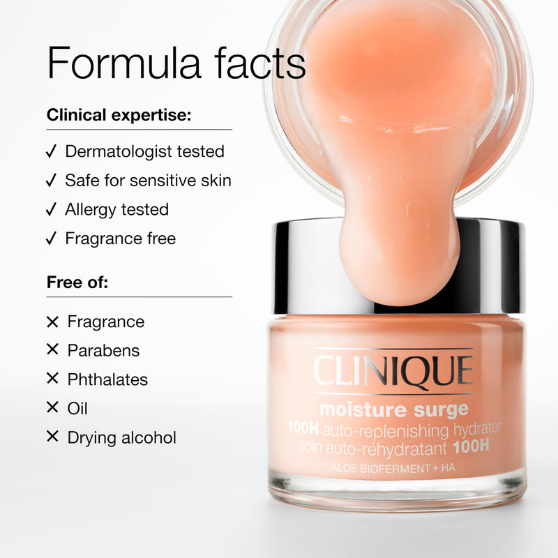 Clinique Moisture Surge 100H Auto-Replenishing Hydrator Oil Free Face Moisturizer | With Hyaluronic Acid, Aloe Bioferment and Vitamins C + E | For All Skin Types | Hydrating + Moisturizing 1 Fl Oz