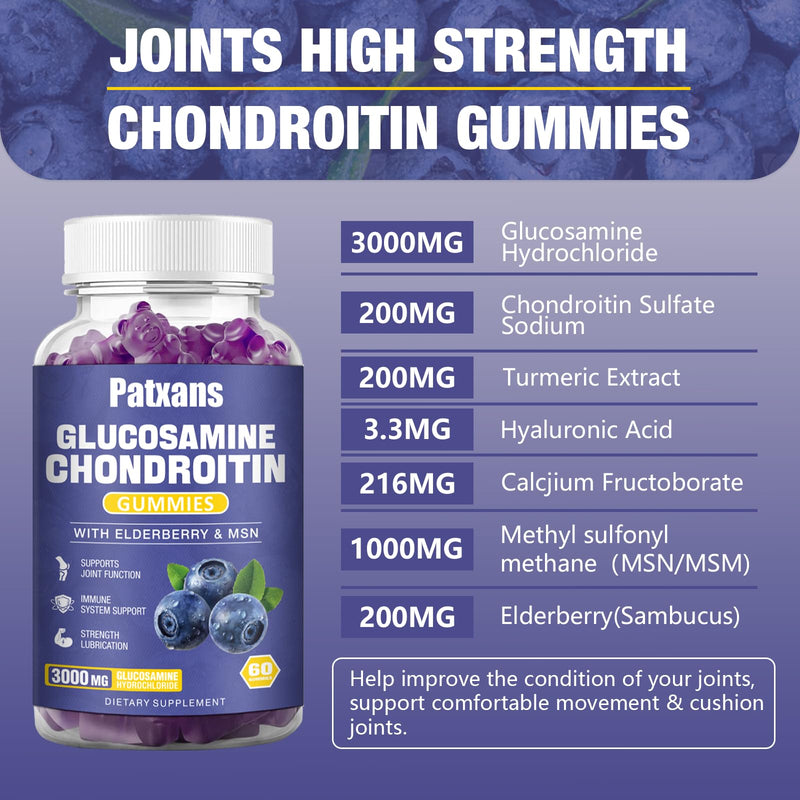 [Australia] - 2 Packs 3000MG Glucosamine Chondroitin Gummies - Extra Strength Joint Health & MSM Elderberry Natural Joint Support Supplement, Flexibility, Antioxidant Immune Support for Adults, 120 Gummies. 60 Count (Pack of 2) 