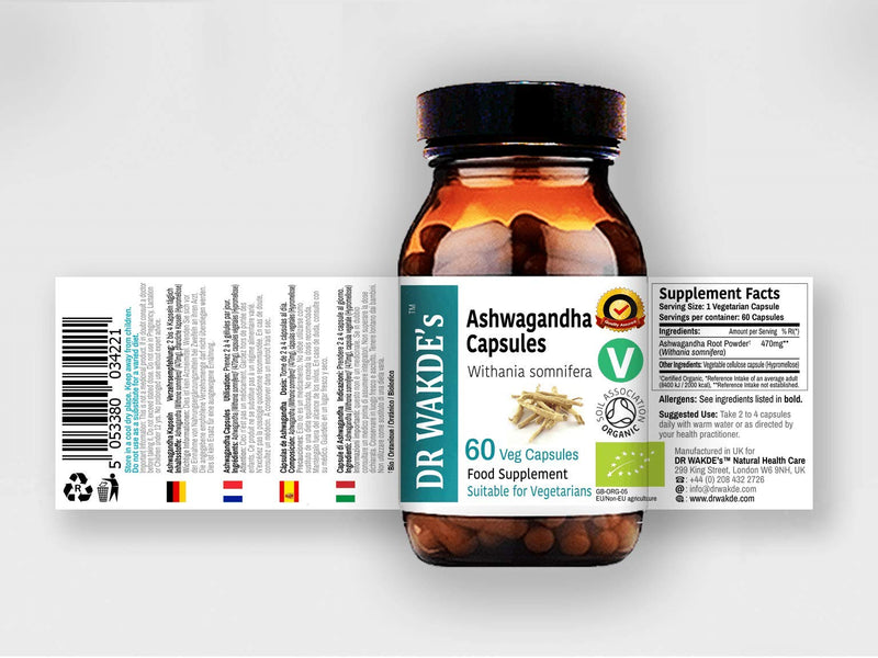 DR WAKDE’S Organic Ashwagandha Capsules (Withania somnifera), 60 Veg Caps, Plant-Based Supplement, Made in UK, Vegan, All Natural