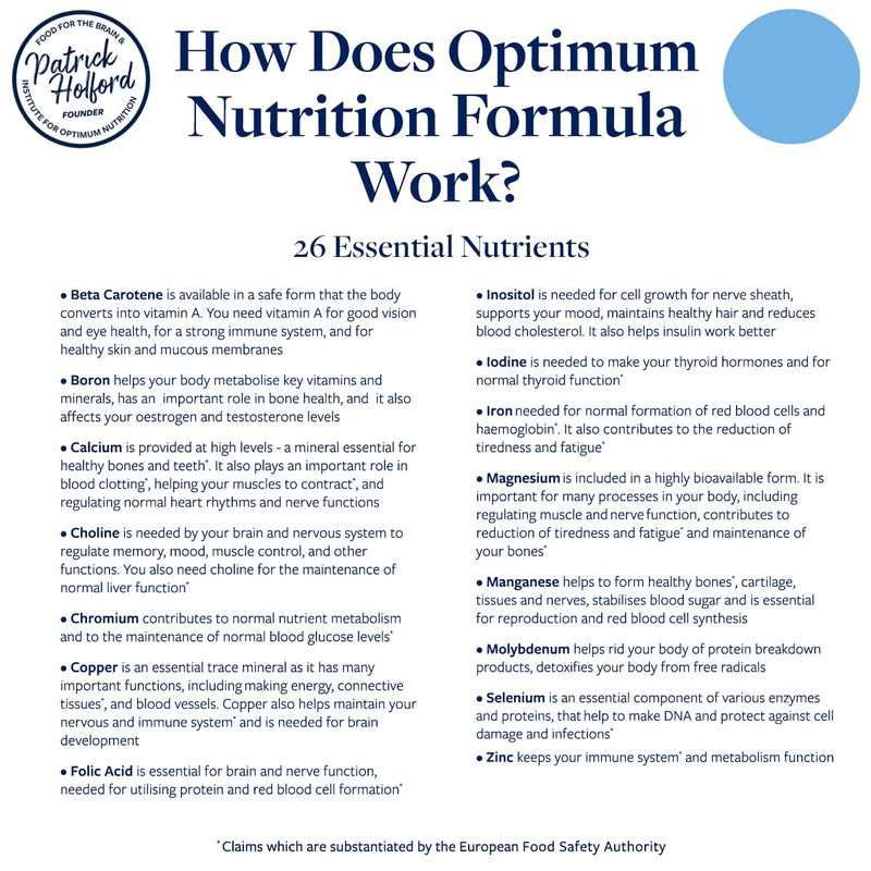 Patrick HOLFORD Optimum Nutrition Formula/The Ultimate, Multi-Vitamin & Mineral Supplement/for Daily & Long-Term Health / 24 Nutrients/Naturally Sourced / 60 Tablets/Vegan/for Women & Men