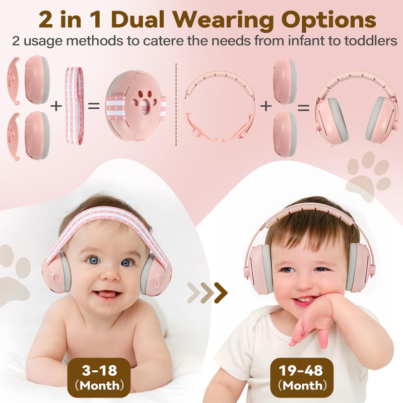[Australia] - Baby Ear Muffs Noise Protection, 2-In-1 Baby Noise Cancelling Headphones for 0-48 Months Infants Toddlers, Travel Essentials for Airplane Fireworks Sleeping Pink 